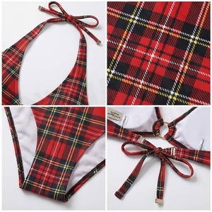 Ensemble bikini à carreaux pour femmes, col halter, liens latéraux, maillot de bain deux pièces, extensible, en polyester et élasthanne, à motifs - Product Image 5