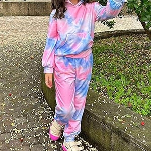 Ensemble de survêtement tie-dye pour filles, sweat-shirt à capuche et pantalon long, dégradé rose-violet, tenue décontractée, coupe ample, printemps - Product Image 5