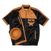 Ensemble survêtement en cuir noir et cognac inspiré de MCM, veste et short avec chapeau