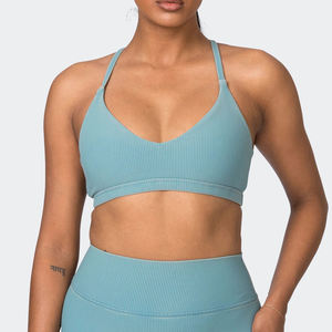Light <b>Blue</b> Ribbed Sports <b>Bra</b> With Cut-Out Detail And Thin Straps Medium Support Yoga Fitness Top - Product Image 4