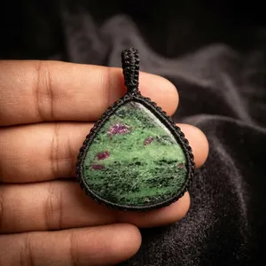 <b>Ruby</b> Zoisite Macrame Pendant <b>Necklace</b> Handmade Boho Jewelry for Women, Adjustable Cord - Product Image 3