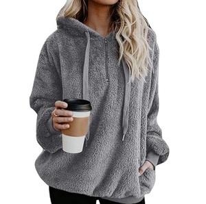 Latest Style Drop Shoulder Solid Color Warm Fluffy Fur <b>Sherpa</b> <b>Hoodie</b> With Quarter Zipper Pullover Sharpa Hooded Breathable - Product Image 2