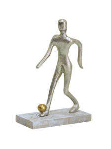 Statue de footballeur abstraite moderne en aluminium, sculpture minimaliste de joueur de football en argent avec ballon doré, décoration sportive, ornement artistique - Product Image 4