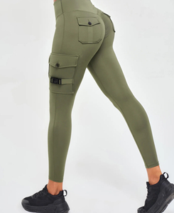 High Waist Olive Green Yoga <b>Leggings</b> <b>With</b> <b>Pockets</b> Four-Way Stretch Ankle-Length Solid Color Seamless Design For Women 180 g - Product Image 2