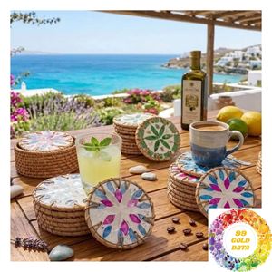 Handcrafted Rattan <b>Drink</b> <b>Coaster</b> 10cm with Colorful Mother of Pearl Inlay for Gift Shops Home Decor and Table Settings - Product Image 6