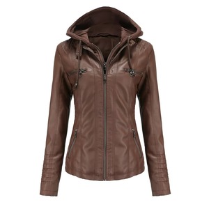 Women's Black Hooded <b>Leather</b> <b>Jacket</b> With Zipper Pockets And Adjustable Cuffs - Product Image 4