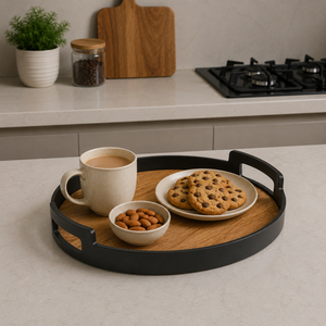 Round Bamboo Serving Tray with Handles| Premium Decorative Wooden Tray for Tea Coffee Snacks Home Hotel Restaurant <b>Table</b> Serving - Product Image 3