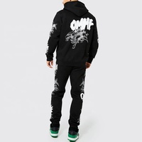 Sweat à capuche blanchi à la mode avec logo personnalisé, ensemble de jogging et de sports assortis, ensemble de sweats à capuche noirs pour hommes