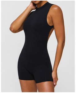2026 Backless Racerback Yoga Bodysuit High Waist Shorts Solid Black Seamless Four-Way Stretch Scoop Neck Sleeveless - Product Image 1
