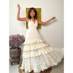 Wholesale Custom Flare Sleeve Full Ruffle White Maxi Natural Tiered Gauze <b>Boho</b> Chic Evening Beach Organic Cotton Eco-Friendly - Product Image 1