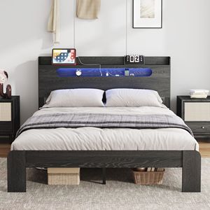 Letto matrimoniale in legno con piattaforma, testiera illuminata a LED e contenitore, 2 USB, silenzioso, non richiede rete a molle - Product Image 5