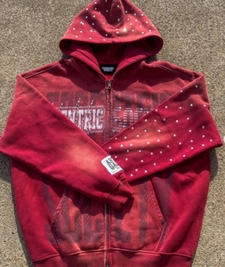 Sweat-shirt à capuche en polaire rouge pour homme, manches à pois, imprimé sur le devant, vêtements d'hiver décontractés, écologiques, séchage rapide, respirant - Product Image 1