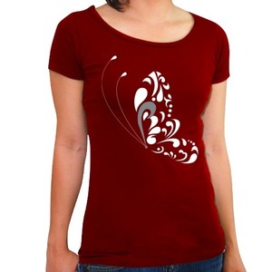 Camiseta de Verano para Mujer, Corte Ajustado, 100% Algodón, Cuello Redondo, Manga Corta, Casual, Color Granate, con Estampado Gráfico de Mariposas - Product Image 1