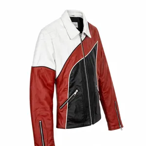 Blouson Moto Unisexe en Similicuir Rouge, Blanc et Noir à Motif Diagonal, avec Poches Zippées, Style Racing Vintage, Veste Tendance - Product Image 3