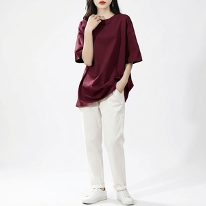 Camiseta de Punto de Manga Corta para Mujer, Cuello Redondo, Color Sólido, Corte Holgado, Transpirable, de Algodón, Informal, para Primavera y Verano - Product Image 5