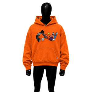 Sweat à capuche graphique orange avec motifs de personnages de dessins animés amusants, style streetwear vintage délavé, coupe oversize, décontracté, avec logo sur le devant - Product Image 1