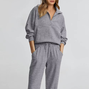 Conjunto Deportivo de Pantalones y Sudadera con Cierre de Cremallera a la Mitad, Color Gris, para Mujer, Corte Regular, Estilo Casual de Otoño, con Bolsillos Laterales y Logotipo Frontal - Product Image 1