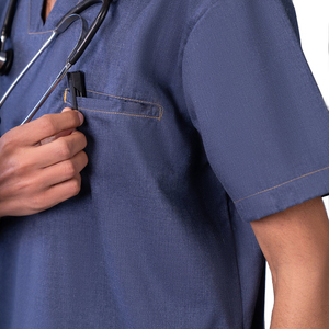 Men's Blue & Black Scrub Set Cotton Woven Hospital Uniform V-Neck <b>Top</b> With Pockets And Cargo Pants Needle Detection - Product Image 5