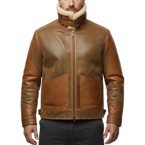 Blouson aviateur en cuir véritable pour homme avec doublure en fausse fourrure coupe-vent style motard hiver col montant fermeture éclair - Product Image 1