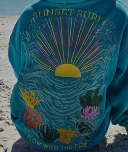 Sweat à capuche brodé Sunset Surf On The Sea, sweat à capuche décontracté en coton pour femme - Product Image 4