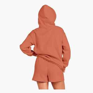 Ensemble short et sweat à capuche en toile unie pour femme 2026, 100 % coton épais, décontracté, personnalisable avec logo OEM, imperméable et respirant - Product Image 2