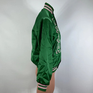 Green Satin <b>Varsity</b> <b>Jacket</b> <b>Men</b> Letterman <b>Bomber</b> Stand Collar Button Front Custom Logo Eco-Friendly Spring Outerwear - Product Image 3