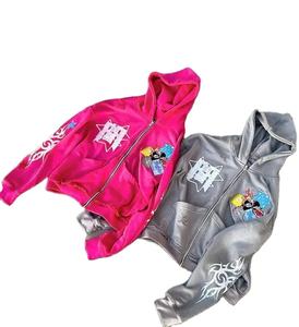 Sudadera con Capucha para Hombre, Estilo Gótico Urbano, Punk, Hip Hop, con Cremallera y Bordados, 500GSM, con Cremallera Completa, Lavado Ácido, Aspecto Desgastado, Venta al Por Mayor - Product Image 3