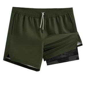 Shorts de sport décontractés pour hommes, vert olive uni, à séchage rapide, avec cordon de serrage, poches, taille mi-haute, en polyester tricoté - Product Image 1