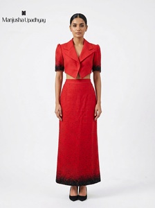 Exclusive Women's Red Evening Co Ord <b>Set</b> Fashion Forward Cropped <b>Blazer</b> and Embroidered Maxi Skirt - Product Image 2