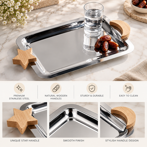 Star Accent Stainless Steel <b>Serving</b> <b>Tray</b> with Wooden Handles for Snack | Rectangular Silver Platter for Dining Table and <b>Parties</b> - Product Image 4