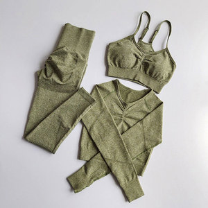 Gray 3 Piece Yoga Set High Waist Leggings Racerback Sports Bra Seamless Full Length <b>Crop</b> <b>Top</b> Activewear - Product Image 5