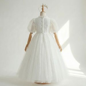 Nouvelle Robe de Cérémonie Blanche en Tulle pour Petites Filles, Manches Courtes Bouffantes, Col Illusion en Dentelle, Style Robe de Bal, Collection Boutiques - Product Image 2
