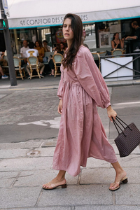 Vestido Maxi Rosa Sólido Elegante y Modesto para Mujer, Cuello en V, Manga Abullonada, Manga Larga, Botones al Frente, Algodón Ecológico, Vestido Casual Holgado - Product Image 3