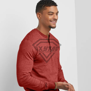 Camiseta Henley de Manga Larga Personalizada para Hombre, Mezcla de Algodón, Tejido Slub, Color Rojo Jaspeado, con Botones, Fabricante de Ropa Oxytag - Product Image 3