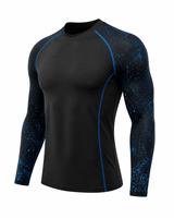 Chemise de sport respirante à séchage rapide pour homme, manches longues, col rond, anti-UV, en spandex, écologique, imprimé noir et bleu, effet éclaboussures