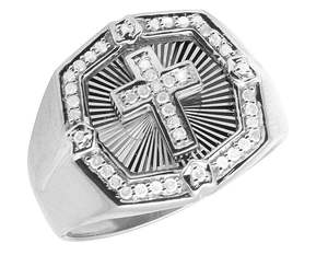 Anillo de cruz de oro blanco para hombre con diamantes, corte redondo brillante, estilo religioso, engaste pavé, diamantes naturales color G - Product Image 2
