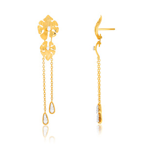 Elegant 14K Gold Finish Long <b>Dangle</b> <b>Earrings</b> with Intricate Floral Motifs Brilliant Lab Grown Accents and Double Chain - Product Image 3