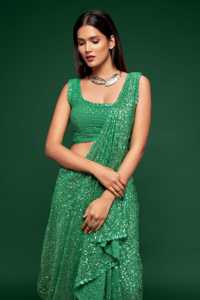 Sari indio de lentejuelas verde brillante de alta calidad con blusa, diseño para bodas y fiestas, venta al por mayor, ropa personalizada a granel - Product Image 3