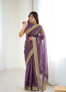 Sari en organza de soie de luxe pour femmes, bordure brodée Zari, chemisier |   Collection de saris traditionnels indiens pour mariages et fêtes - Product Image 3