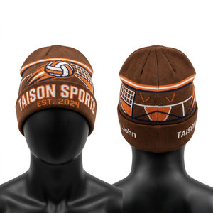 Gorro de Voleibol de Punto Acrílico Premium de 320 GSM, Marrón, Naranja, Blanco, Patrón Jacquard, Puño Doblado, Bordado de Logotipo Personalizado - Product Image 6