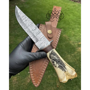 Couteau Bowie artisanal MORTALSAGA, lame en acier Damas, manche en os, couteau à lame fixe pour la survie en plein air - Product Image 3