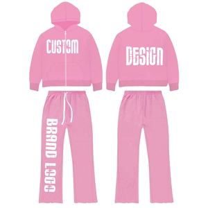 Último diseño chándal personalizado 500 GSM peso pesado puff estampado sudadera distress Flare pantalones de chándal y Sudadera con capucha conjuntos hombres chándal - Product Image 2