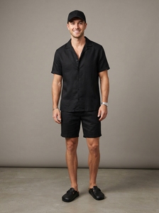 Conjunto de Camisa y Pantalones Cortos de Lino Tejido Negro Sólido y Transpirable para Hombre, Camisa de Manga Corta con Cuello y Pantalones Cortos, Atuendo Casual de Verano - Product Image 3