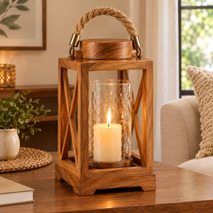 Rustic Wooden Lantern Hammered <b>Glass</b> <b>Candle</b> <b>Holder</b> Rope Handle Tabletop Decor for Living Room Patio - Product Image 1