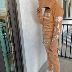 2026 New Custom Winter Solid <b>Distressed</b> Patch Embroidery Tracksuits Cropped Oversized Zip Hoodie Set Joggers Men - Product Image 1