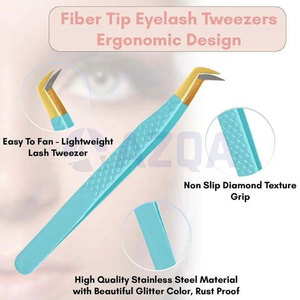 Premium Durable Stainless Steel <b>Light</b> Blue Diamond Grip Curved Serrated Tip Eyelash Extension Tweezers Gold Plated Fiber Tips - Product Image 3