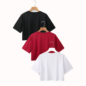 Nouveau haut court pour femme, style nœud papillon, brodé personnalisé, col rond, manches courtes, décontracté, été, en tissu doux, coupe bouffante et éclatante - Product Image 3