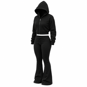 Women Cropped <b>Zip</b> <b>Hoodie</b> Flare Pants Tracksuit Solid <b>Black</b> Casual Autumn Full Sleeve Hooded Zipper Fly Side Pockets - Product Image 6