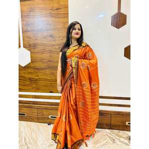 Saree de travail de broderie de soie de coton orange avec chemisier non cousu Vêtements traditionnels indiens attrayants - Product Image 1