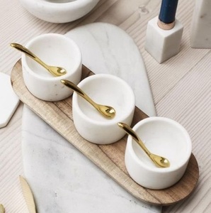 Designer Marble Bowl Set with Wooden <b>Tray</b> Three Cup Serving Set Mix Stone <b>Condiment</b> Holder Modern Kitchen Tabletop Decor Luxury - Product Image 6